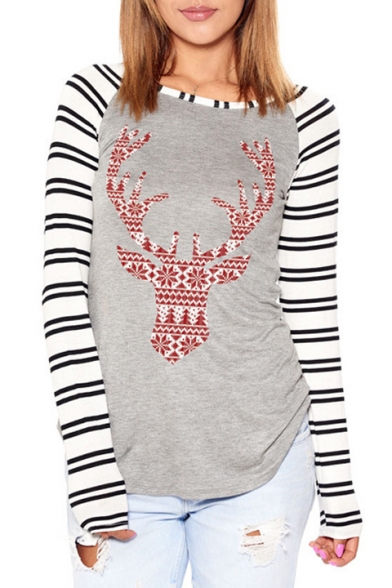 Christmas Deer Printed Striped Long Sleeve Round Neck Fitted T-Shirt