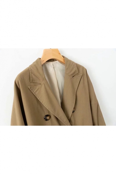 Classic Camel Notched Lapel Collar Long Sleeve Double-Breasted Longline Blazer Coat