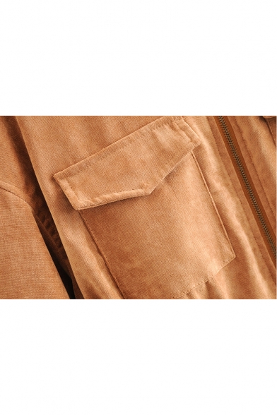 Classic Long Sleeve Zip Closure Elastic Waist Plain Lapel Collar Coat