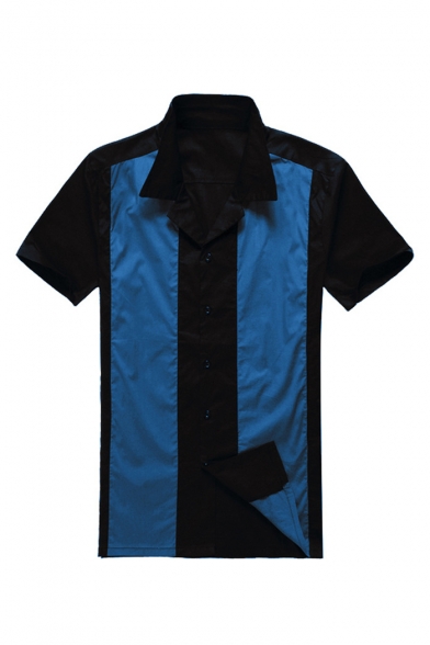 Classic Short Sleeve Lapel Collar Colorblock Cotton Button Down Shirt