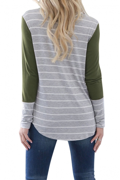 Colorblock Stripes Long Sleeve Cowl Neck Fitted Tee