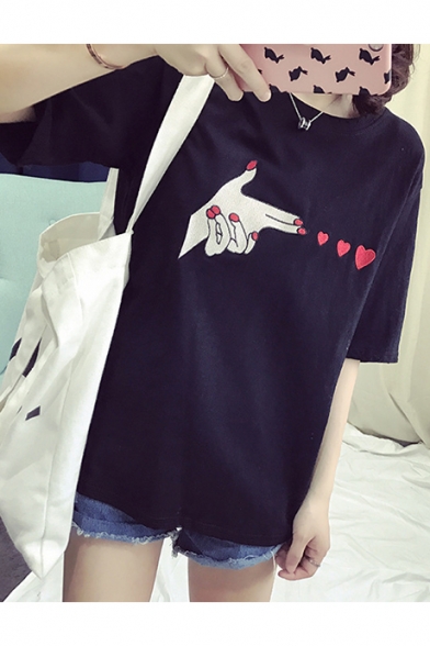 Cute Heart Embroidered Short Sleeve Round Neck Loose Tee