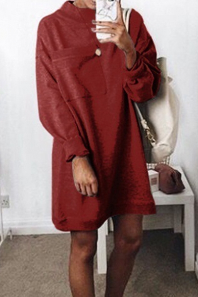 Fashion Big Pocket Patched Chest Mock Neck Long Sleeve Solid Loose Casual Mini Sweatshirt Dress