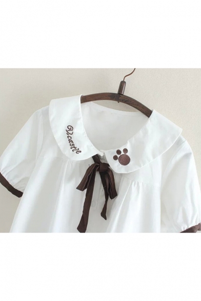 Fashion Color Block Bow-Tied Peter-Pan Collar Short Sleeve Letter Embroidered White Shirt
