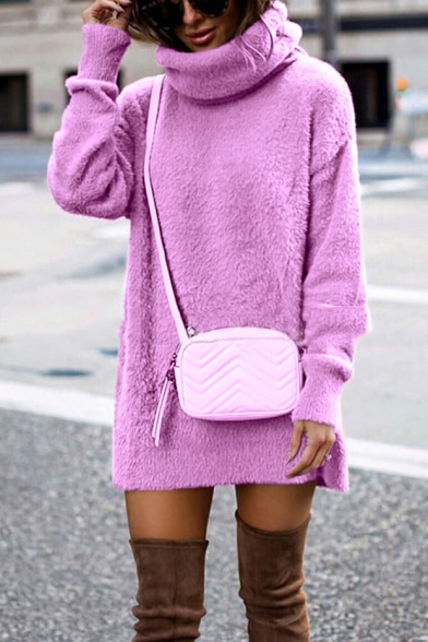 Fashion Long Sleeve High Neck Plain Tunics Sweater