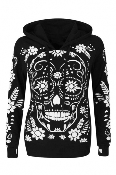 Fashion Long Sleeve Skull Floral Printed Leisure Hoodie