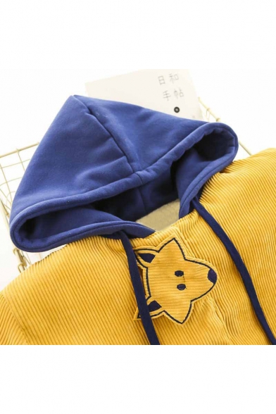 Fresh Fox Embroidered Single Breasted Colorblock Corduroy Hooded Coat