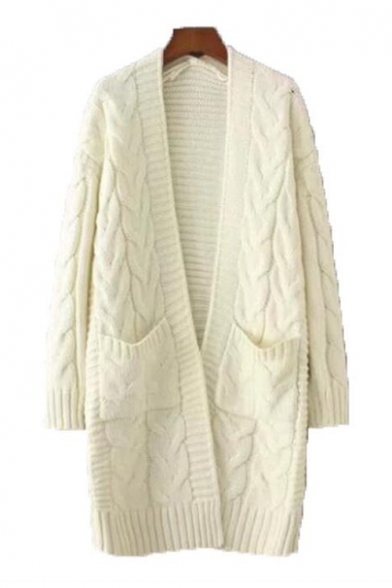 Fresh Soft Long Sleeve Cable Plain Open Front Knit Cardigan with Pockets