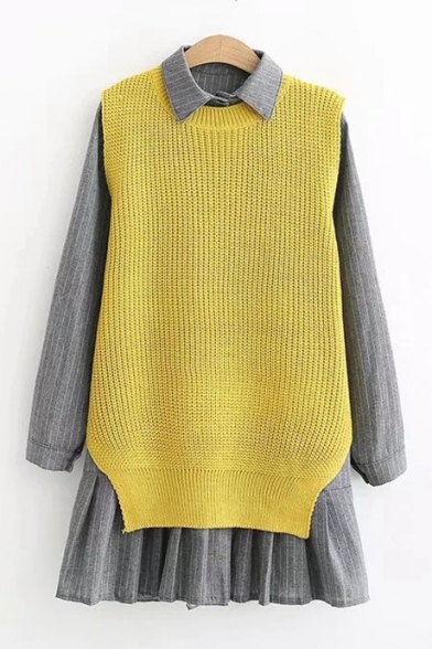 Lapel Collar Long Sleeve Stripes Button Front Shirt Dress Knit Sleeveless Kin Vest Sweater Co-ords