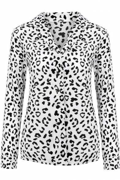 Leopard Printed Long Sleeve Notched Lapel Collar Button Down Shirt