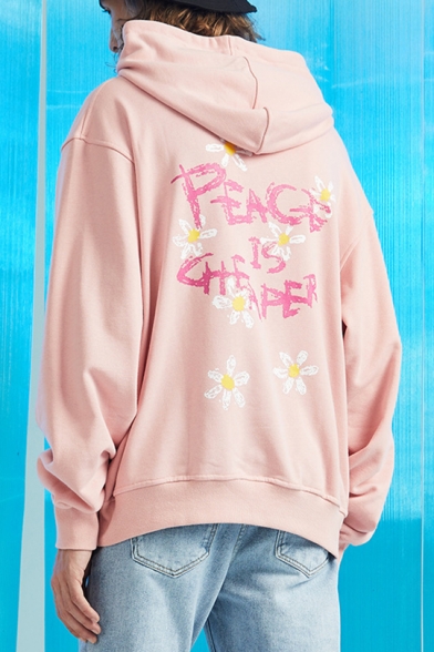 Letter PEACE IS CHEAPER Floral Printed Back Long Sleeve Fashion Loose Hoodie for Men