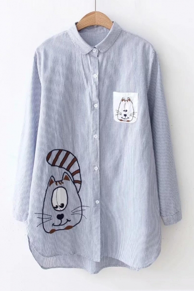 Lovely Cartoon Cat Embroidered Lapel Collar Long Sleeve Blue Striped Shirt