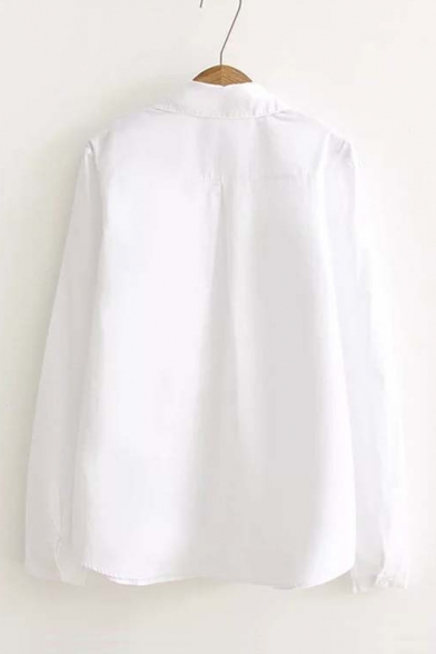 Lovely Cartoon Rabbit Embroidered Pocket Chest Lapel Collar Long Sleeve Loose Shirt