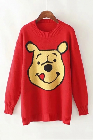 Lovely Cartoon Smile Face Dog Printed Round Neck Long Sleeve Loose Tunic Sweater