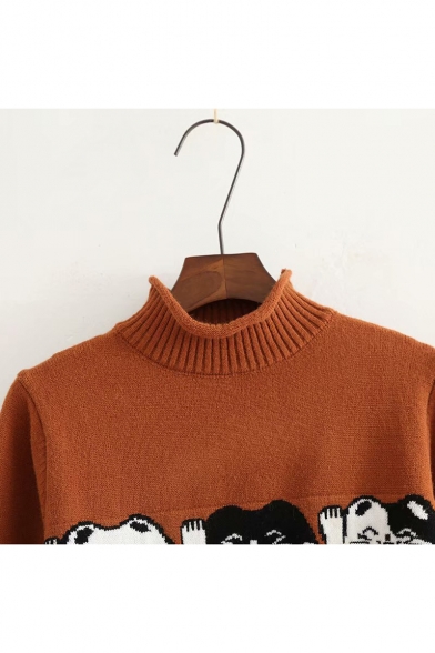 Lovely Three Cat Printed Mock Neck Long Sleeve Pullover Cozy Sweater
