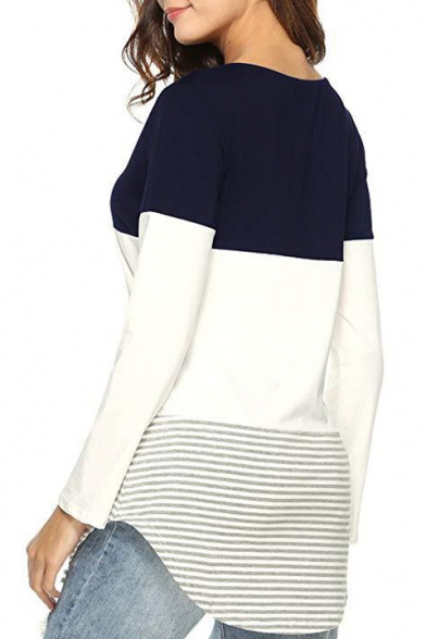 New Arrival Colorblock Stripes Printed Long Sleeve Round Neck Leisure Tee