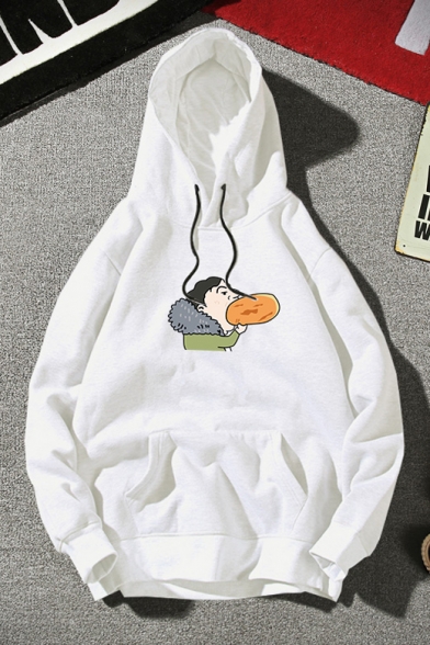 Popular White Cartoon Print Drawstring Hood Long Sleeves Pullover Hoodie with Pocket