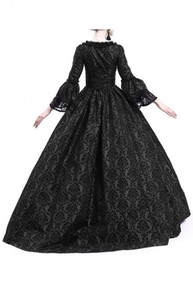Retro Flare Long Sleeve Square Neck Lace Patch Medieval Costume A-Line Maxi Dress
