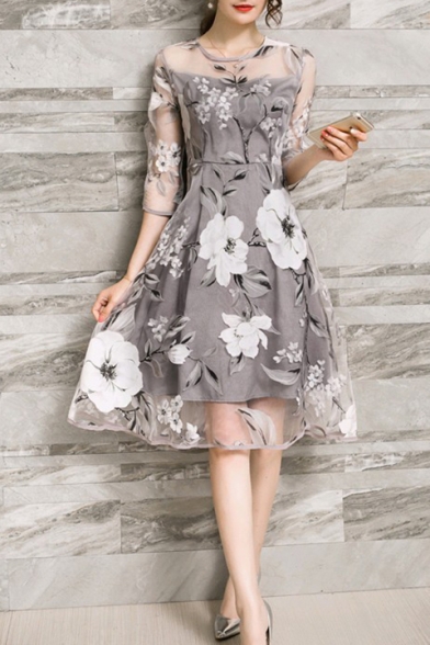 Round Neck 3/4 Length Sleeve Floral Printed Gray Organza Mini A-Line Dress