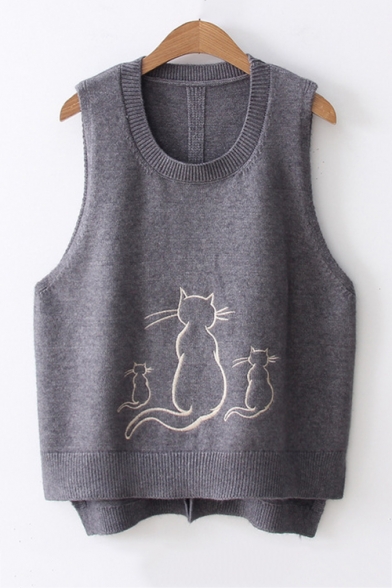 Round Neck Sleeveless Cute Cartoon Cat Printed High Low Knit Sweater Vest