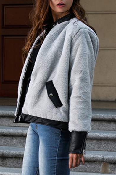 Street Style Long Sleeve Stand Collar PU Patched Zip Placket Gray Coat