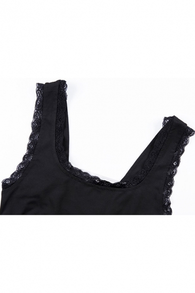 Stylish Sexy Sleeveless Square Collar Lace Up Back Lace Trim Black Bodysuit