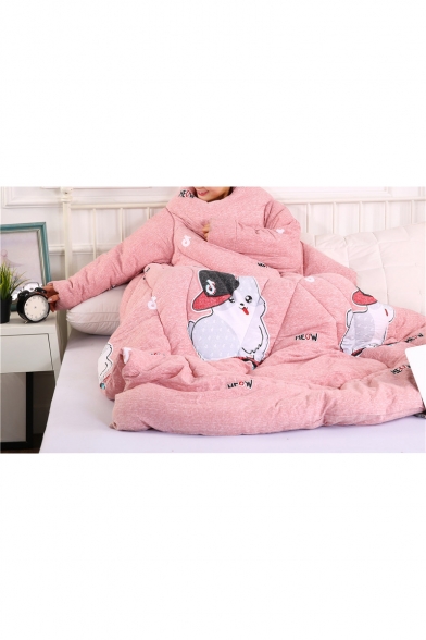 Thick Warm Pink Cute Cat Printed Home Office Quilt with Sleeves Lazy Sofa Blanket 150*200CM