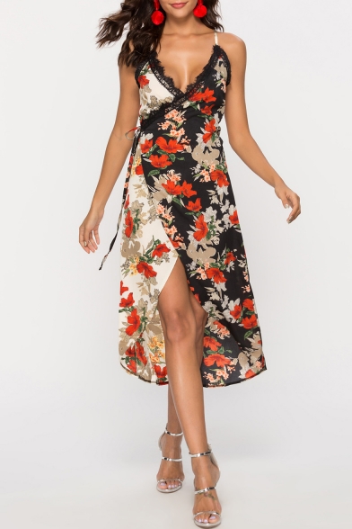 Trendy Floral Printed Lace-Trimmed V-Neck Two-Tone Black Midi Wrap Slip Dress