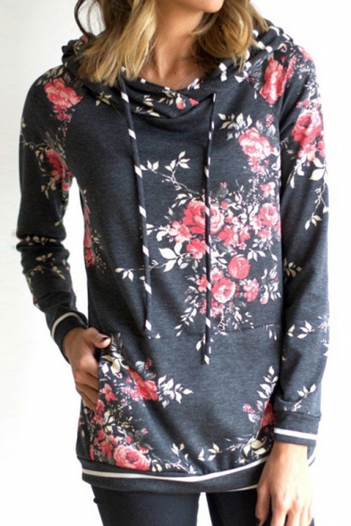 

Unique Dark Gray Cotton Blends Floral Print Long Sleeves Pullover Hoodie with Pocket