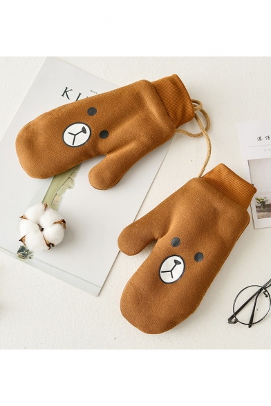 Warm Plush Cartoon Bunny Printed Thick Mittens Cycling Gloves with String