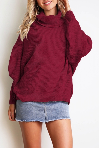 Winter Plain Rib Knit Turtleneck Long Sleeve Relaxed Sweater