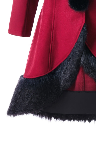 Winter's Hot Fashion Fur Trimmed Pompom Embellished Hooded Long Sleeve Christmas Burgundy Woolen Longline Coat