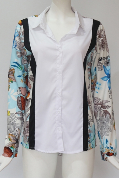 Basic Long Sleeve Lapel Collar Floral Printed Colorblock White Button Down Shirt