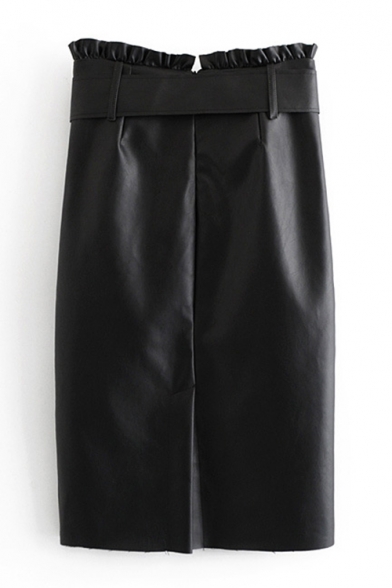 Chic Ruffle-Trimmed Bow-Tied Waist Fashion Black Midi PU Shift Skirt