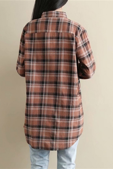 Classic Check Pattern Pocket Chest Lapel Collar Long Sleeve Round Hem Button Relaxed Shirt