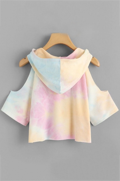 Colorblock Cold Shoulder Leisure Hooded Pink Tee for Girls