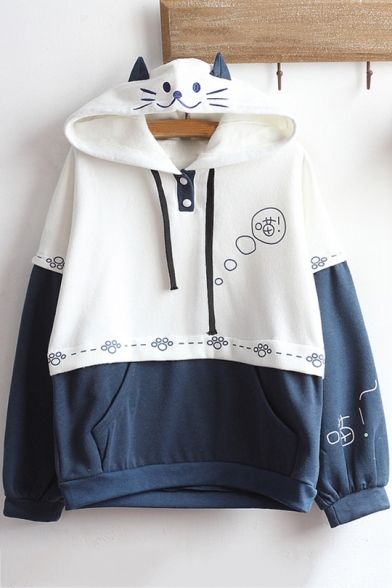 Colorblock Long Sleeve Letter Cat Claw Printed Button Embellished Hoodie