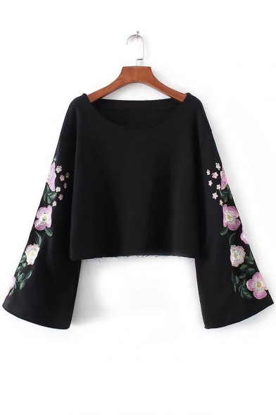 Cute Floral Embroidered Bell Sleeve Boat Neck Cropped Sweatshirt