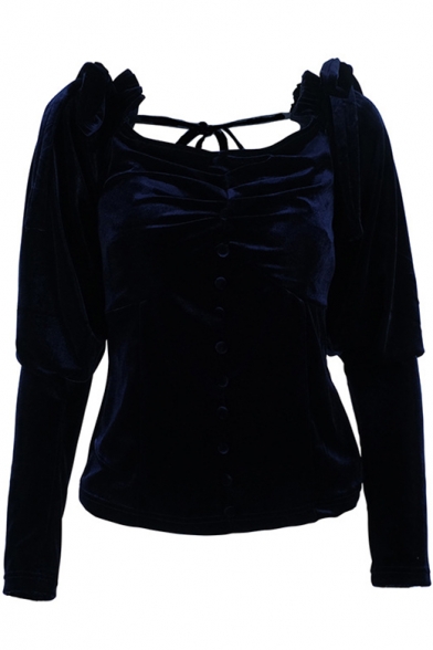 Dark Blue Velvet Plain One Shoulder Long Sleeve Bow Button Embellished Blouse