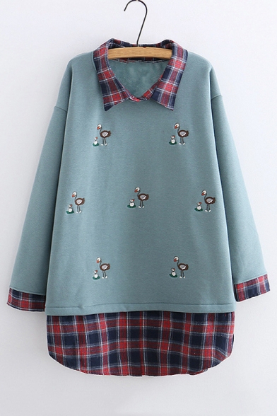 Fashion Check Patched Lapel Collar Long Sleeve Lovely Cartoon Embroidered Tunic Sweatshirt