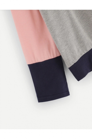 Fashion Colorblock Round Neck Long Sleeve Single Pocket Chest Gray T-Shirt