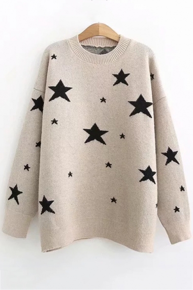 Fashion Long Sleeve Round Neck Star Printed Leisure Soft Sweater