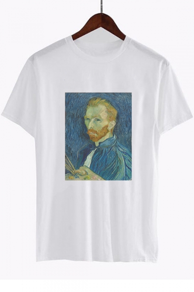 

Fashion Van Gogh Portrait Printed Round Neck Short Sleeve White T-Shirt