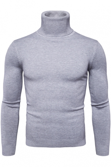 Gray Cotton High Neck Long Sleeve Slim Fit Plain Sweater