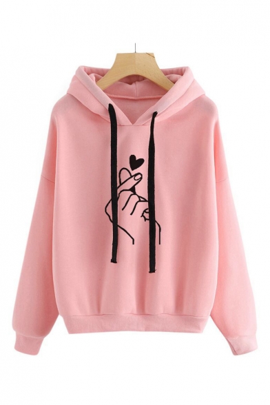 Hot Fashion Finger Heart Pattern Long Sleeve Loose Casual Hoodie