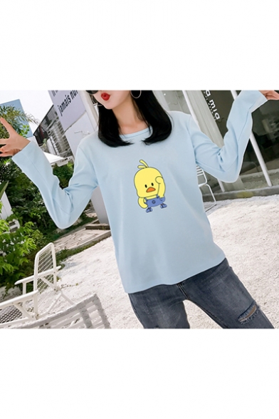 Long Sleeve Yellow Duck Printed Round Neck Tee for Girls