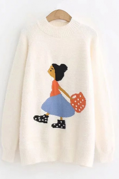 Lovely Cartoon Girl Pattern Crewneck Long Sleeve Pullover Sweater for Girls