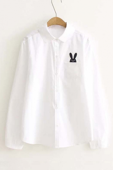 Lovely Cartoon Rabbit Embroidered Pocket Chest Lapel Collar Long Sleeve Loose Shirt
