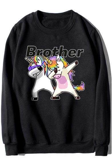 Lovely Cartoon Unicorn Letter BROTHER Printed Round Neck Long Sleeve Sweatshirt
