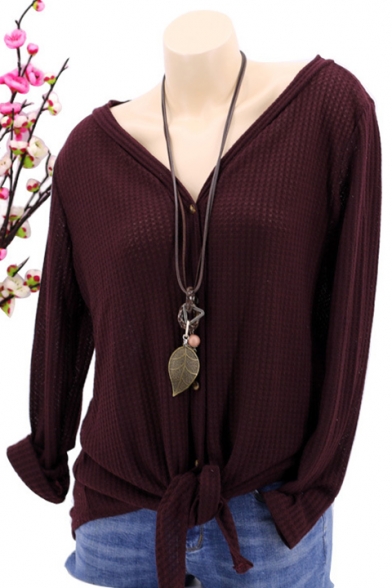 New Arrival V-Neck Button Front Long Sleeve Knotted Hem Solid Casual T-Shirt